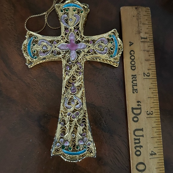 Vintage Gold Filigree Cloisonné Cross Pendant Necklace - Picture 7 of 9